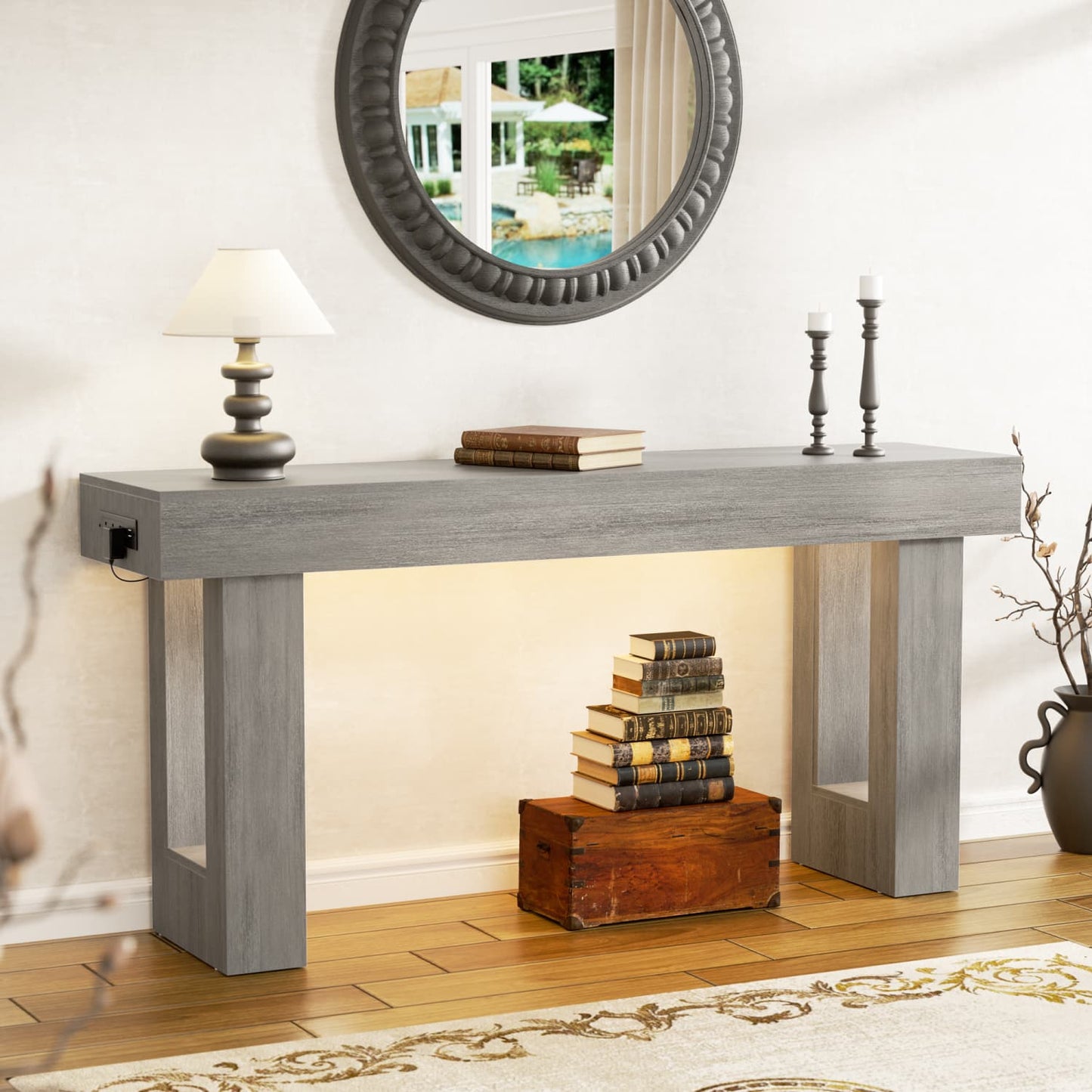 63inch Console Table with Power Outlets, Wood Narrow Entryway Table