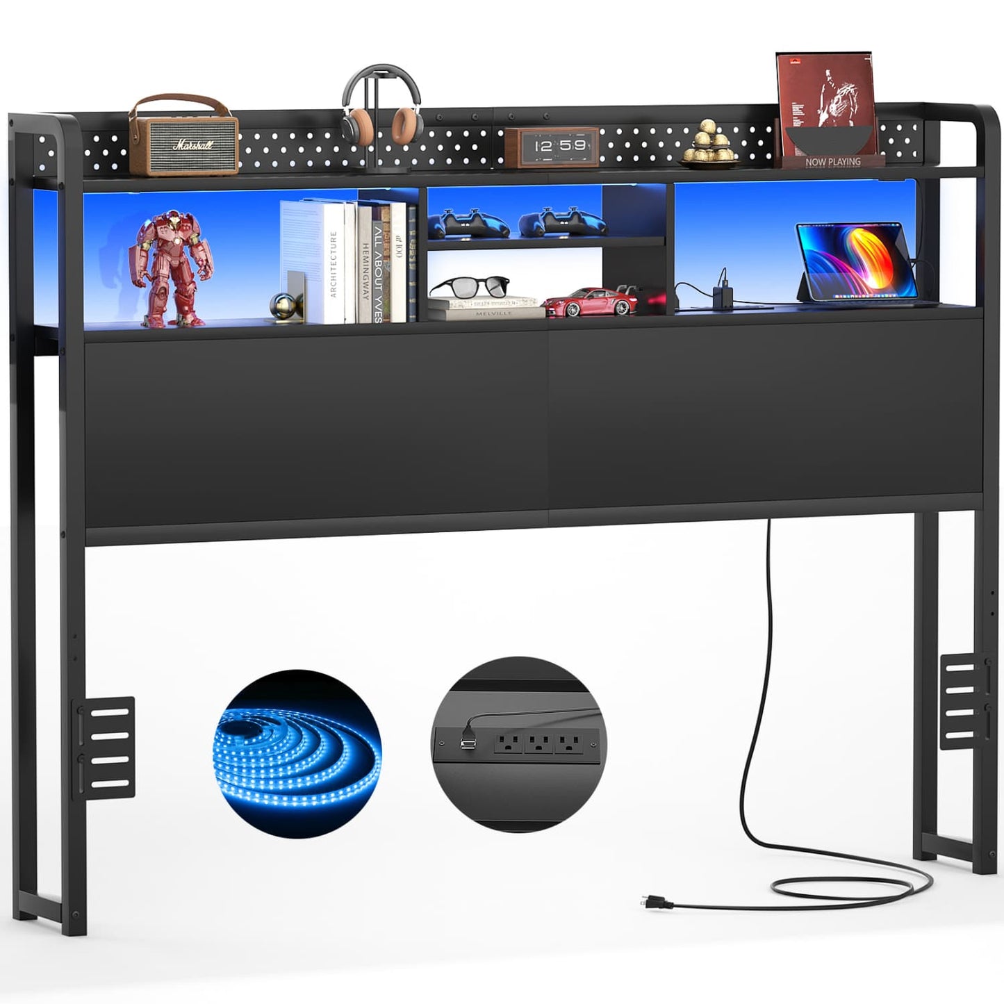 Queen Storage Headboard with Led Lights & Charging Station
