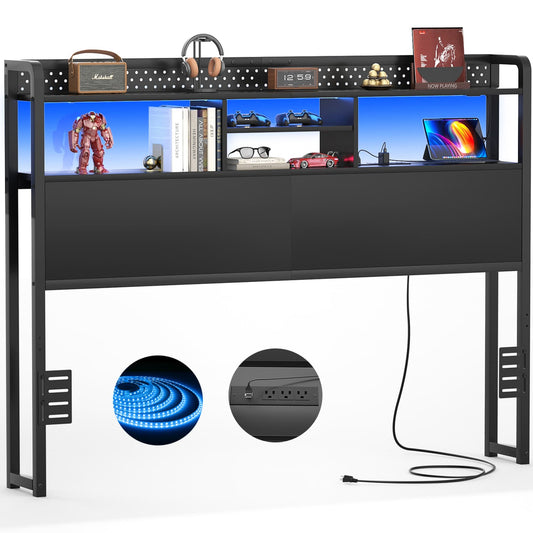 Queen Storage Headboard with Led Lights & Charging Station