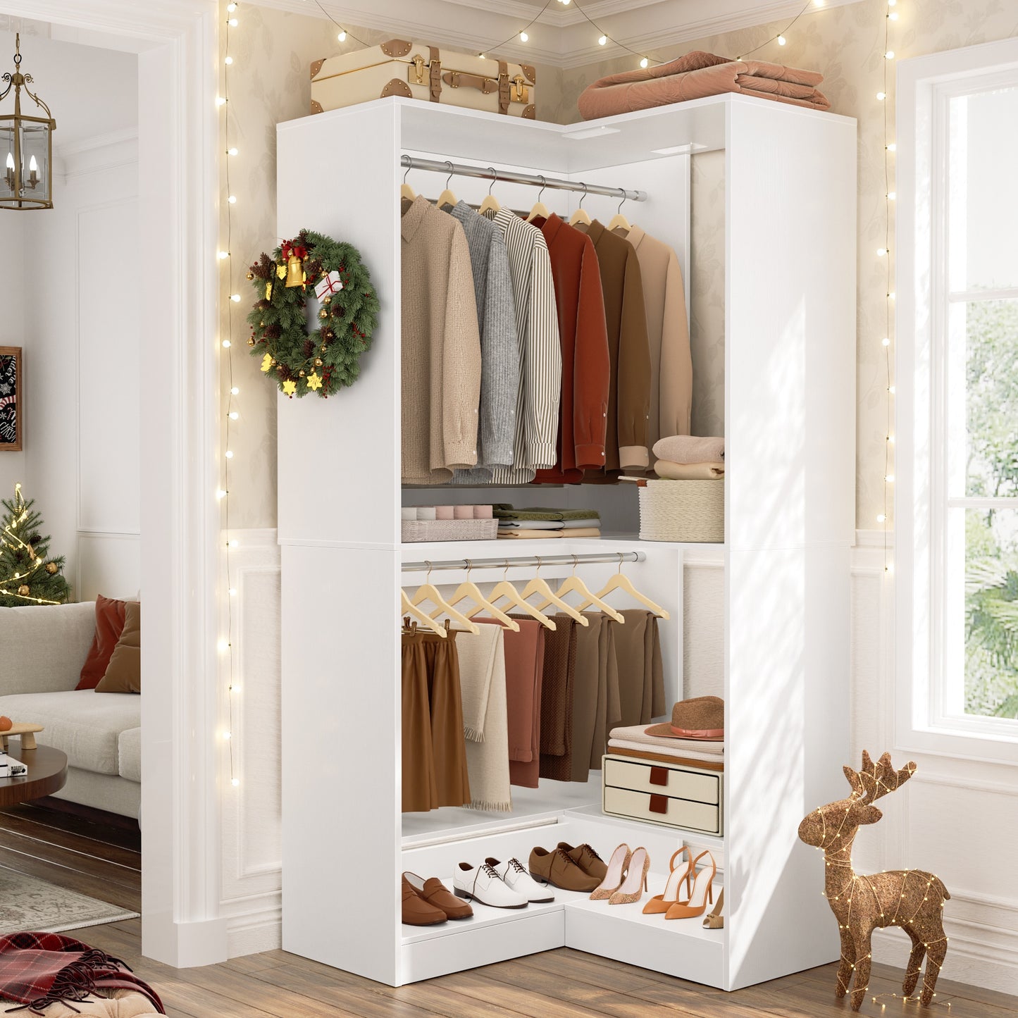 Freestanding Corner Closet System with 2 Hanging Rods and Shoes Shelf
