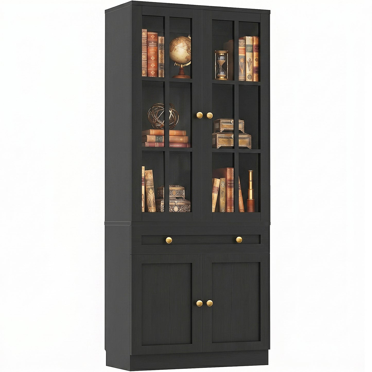 Besiost 80" H Bookcase with Mullion Glass Doors & Drawers