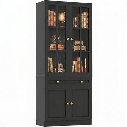 Besiost 80" H Bookcase with Mullion Glass Doors & Drawers