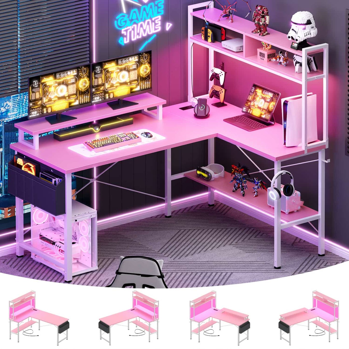 L-Shaped Computer Desk with Monitor and Hutch, Gaming Desk with Charging Station