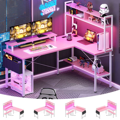 L-Shaped Computer Desk with Monitor and Hutch, Gaming Desk with Charging Station