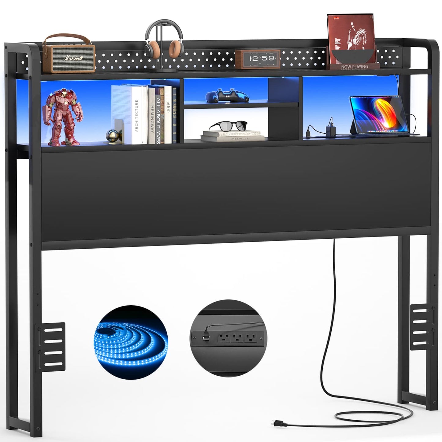 Full Storage Headboard with Led Lights & Charging Station