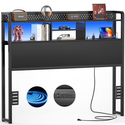 Full Storage Headboard with Led Lights & Charging Station
