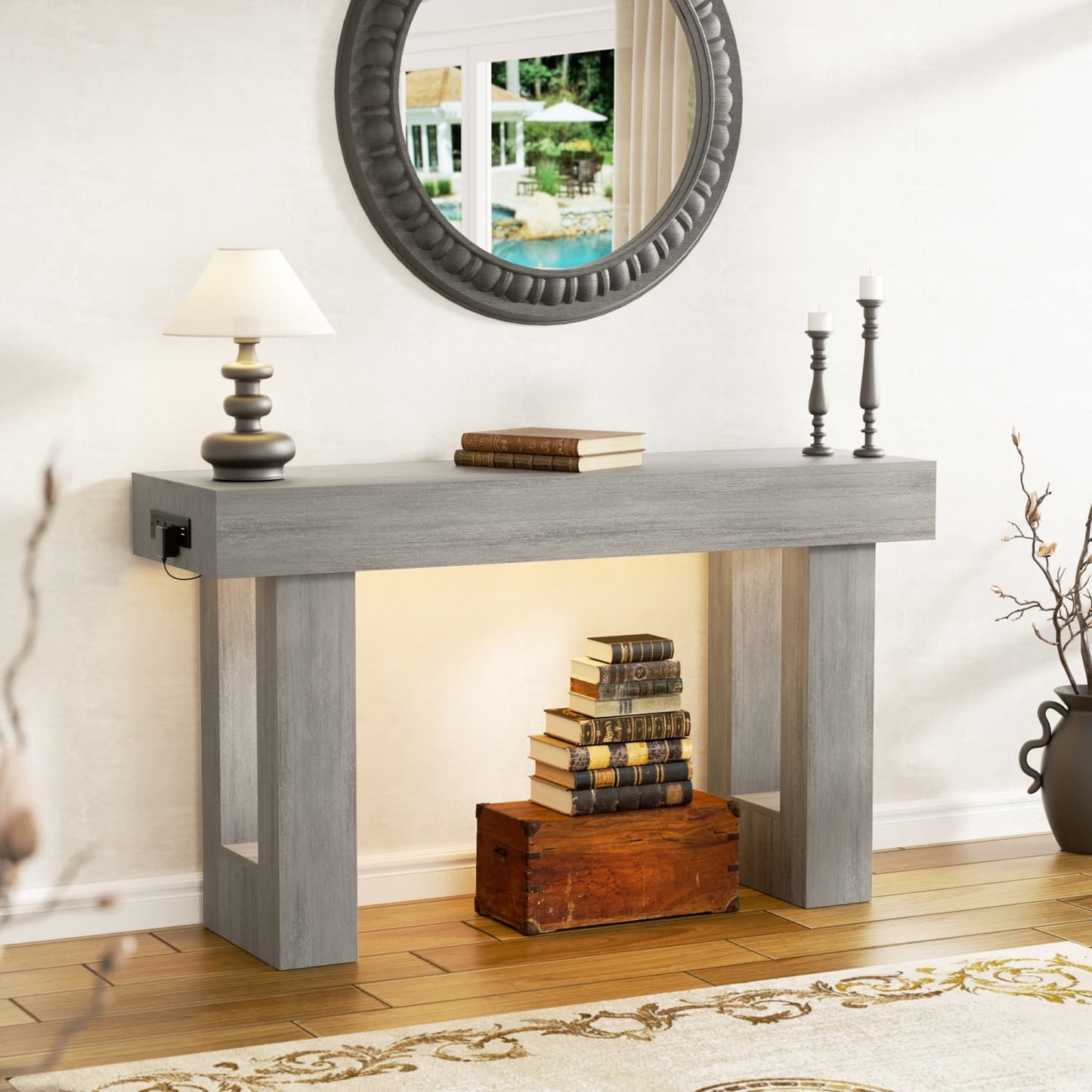 47inch Console Table with Power Outlets, Wood Narrow Entryway Table