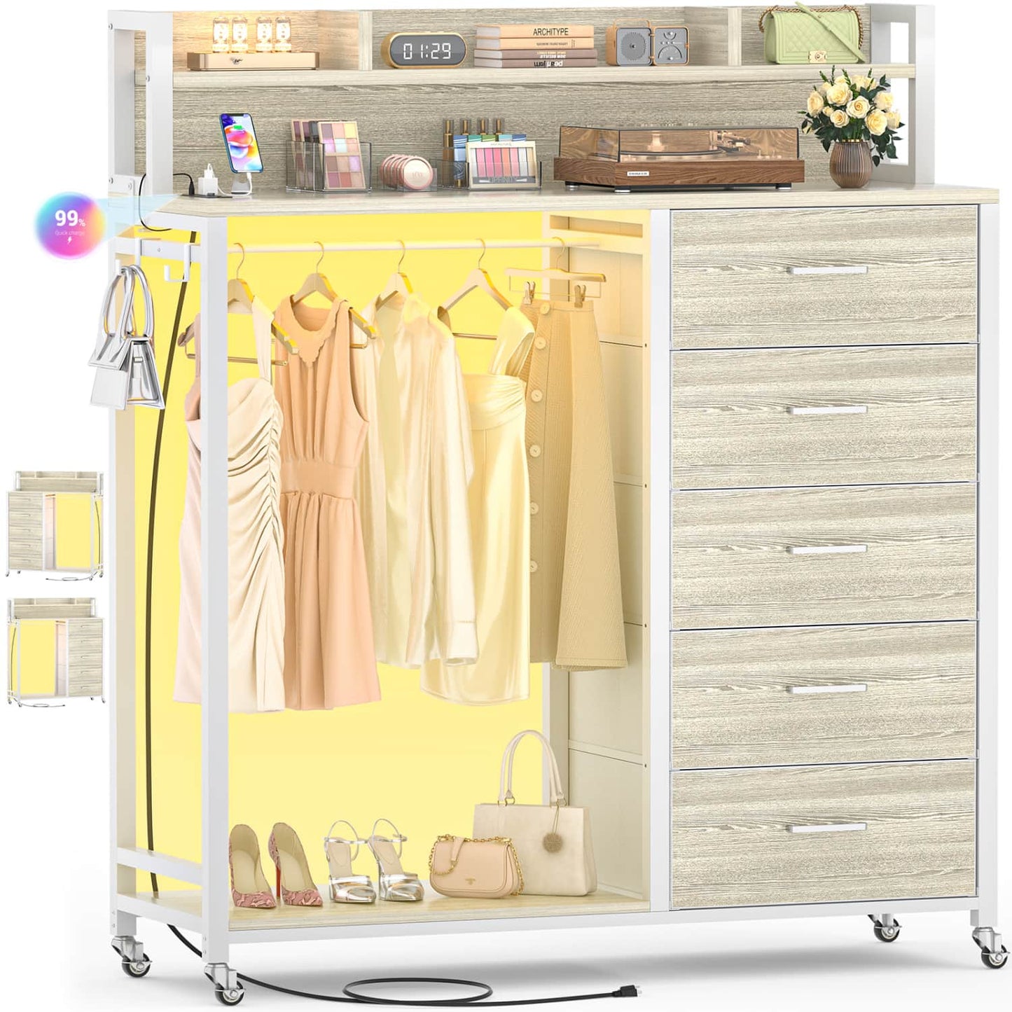 Dresser for Bedroom with Clothes Rack & Shelves, 5 Drawers Dresser with Charging Station