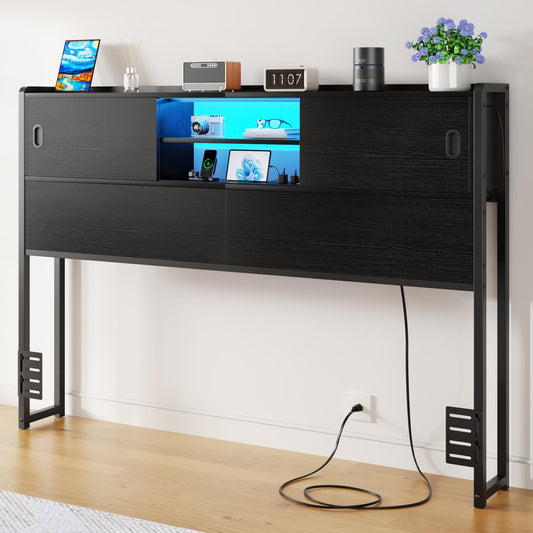 Storage Headboard with Sliding Doors and Charging Station