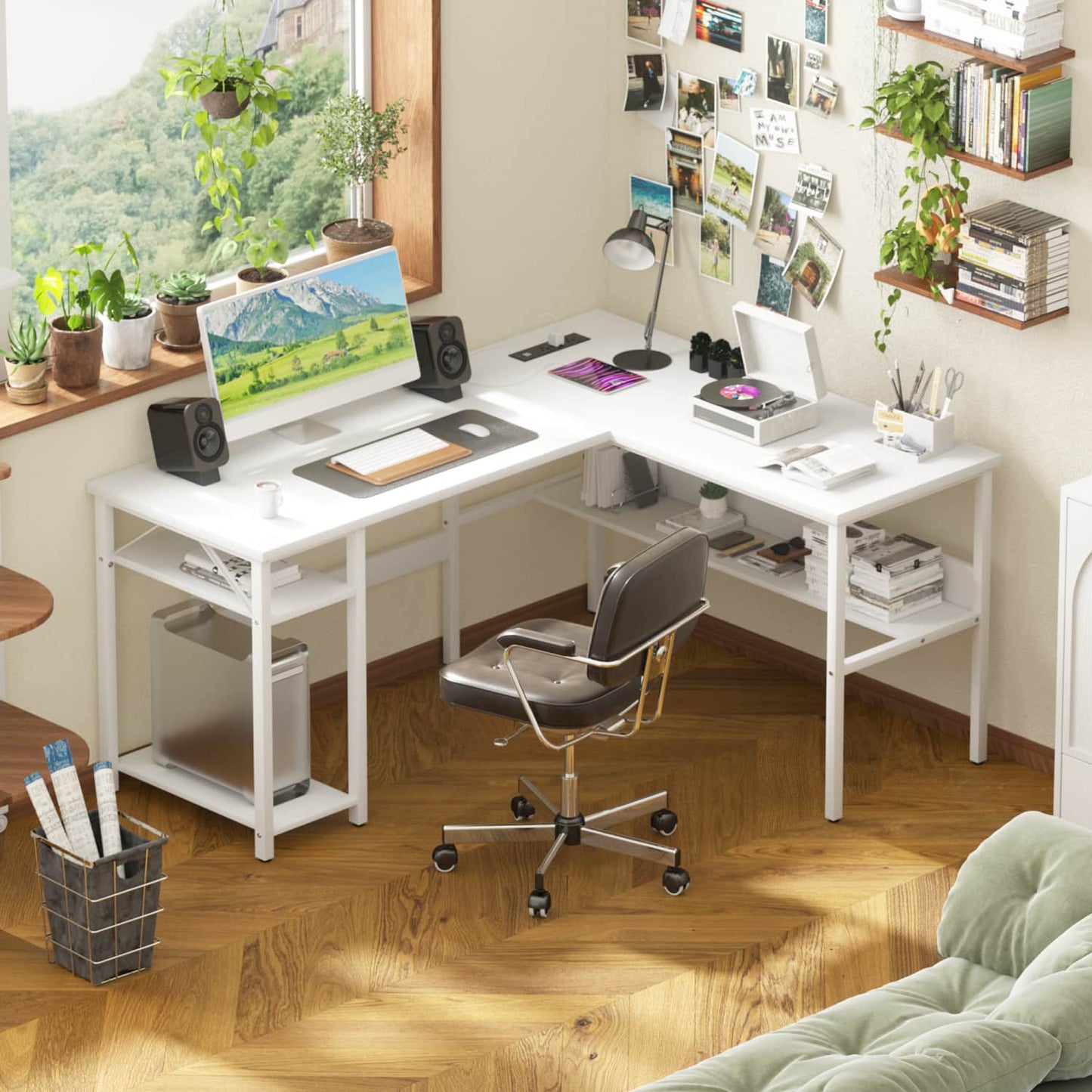 L Shaped Desk with Storage, Power Outlet, USB Ports, Reversible Computer Desk