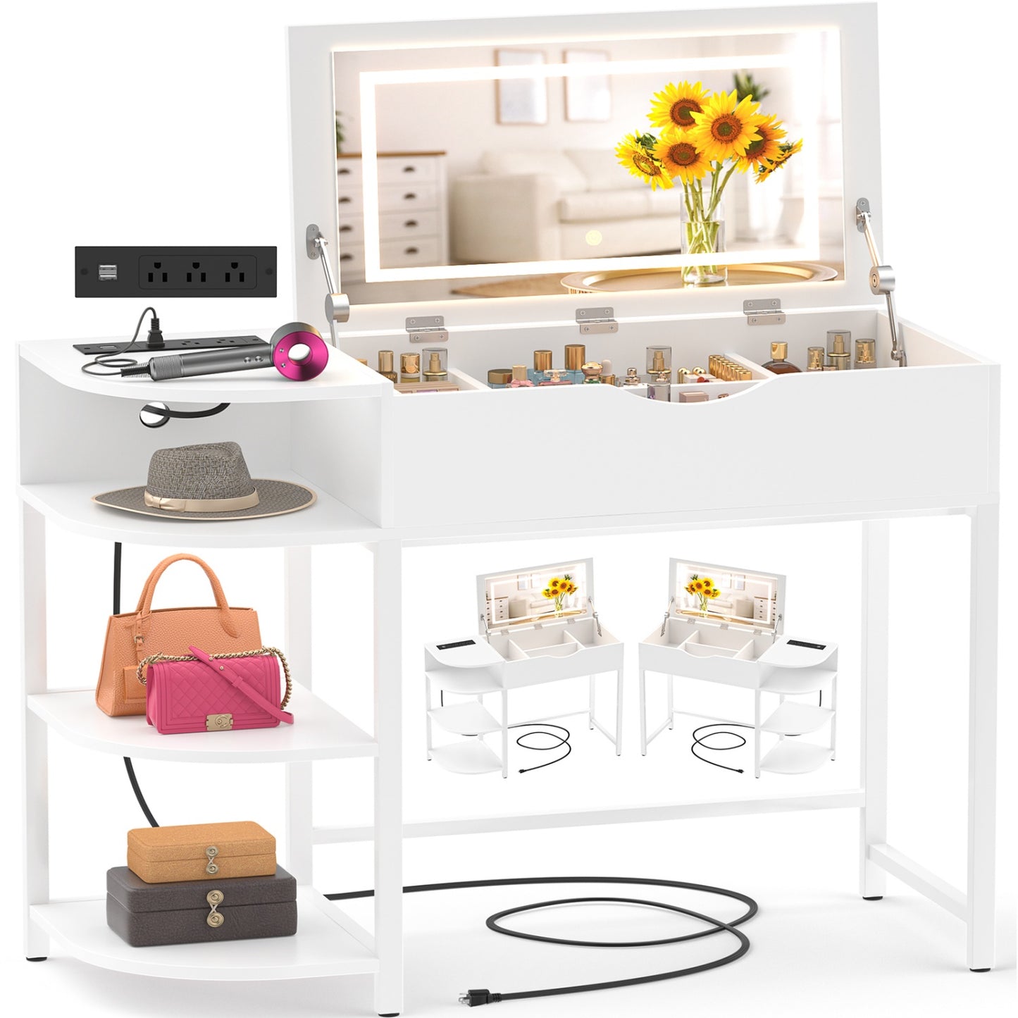 Flip-Top Makeup Dressing Table with mirror and Drawer, Small Vanity Desk with Charging Station