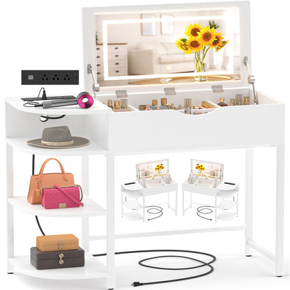 Flip-Top Makeup Dressing Table with mirror and Drawer, Small Vanity Desk with Charging Station