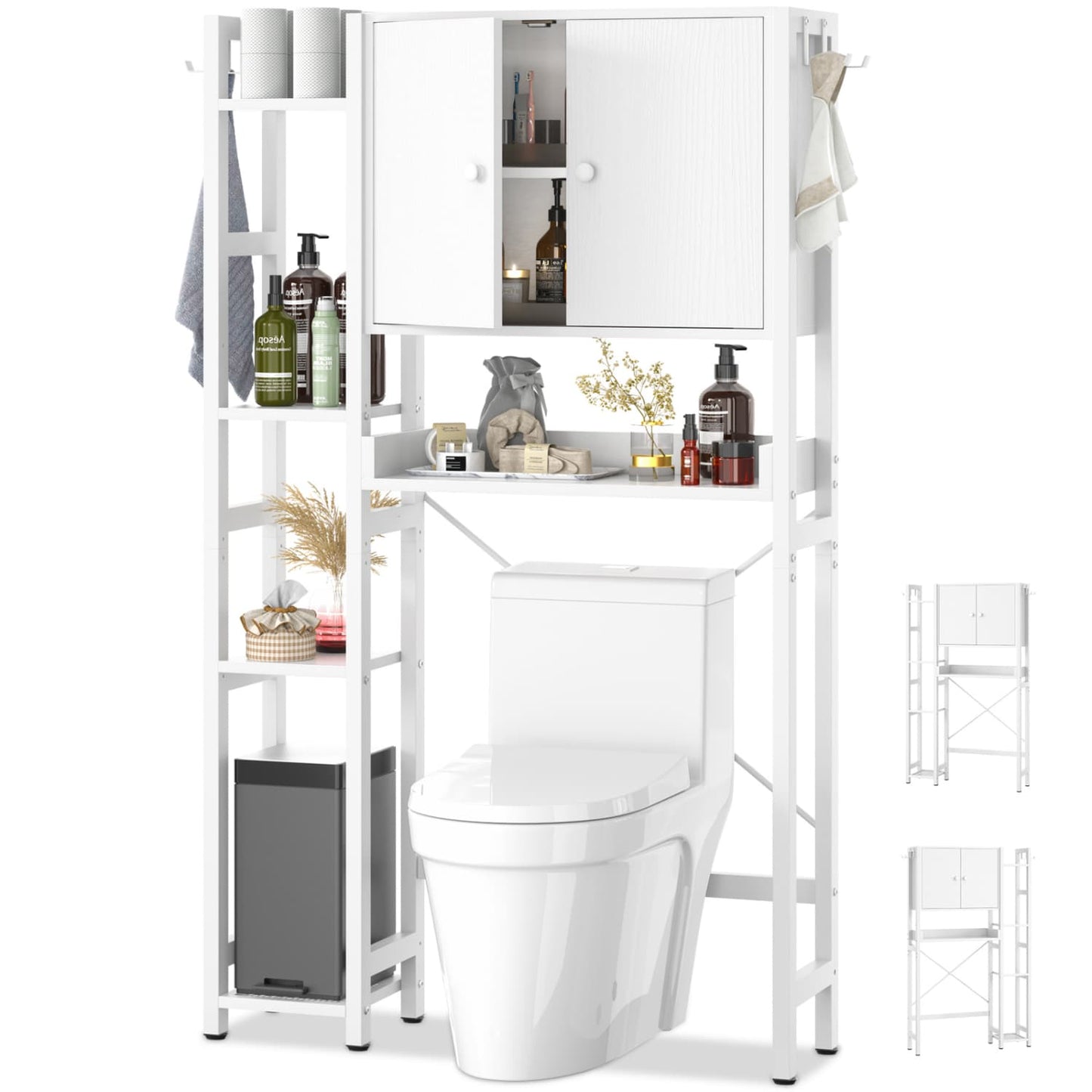 7-Tier Bathroom Organizer with Adjustable Shelf, Over The Toilet Storage Rack with 4 Hooks and Drawers