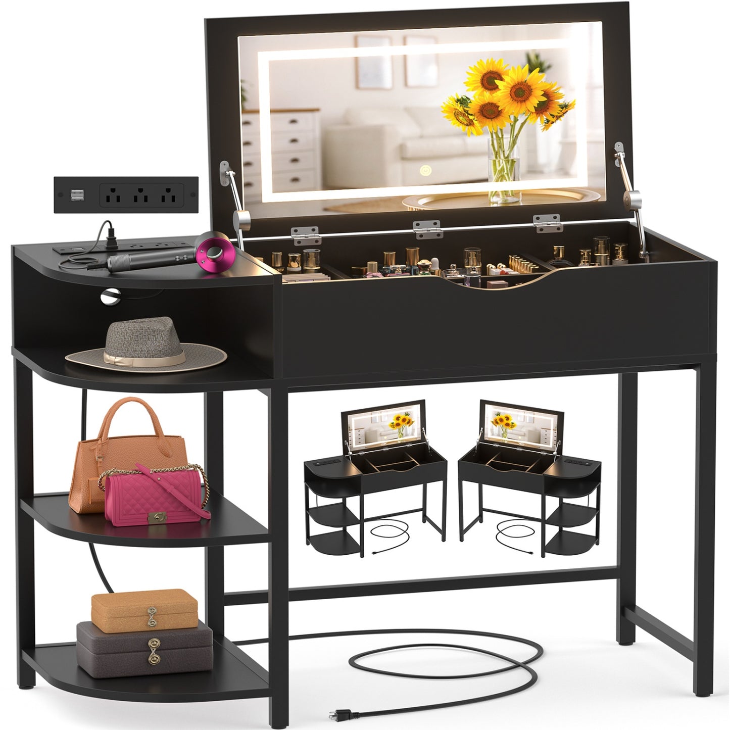 Flip-Top Makeup Dressing Table with mirror and Drawer, Small Vanity Desk with Charging Station