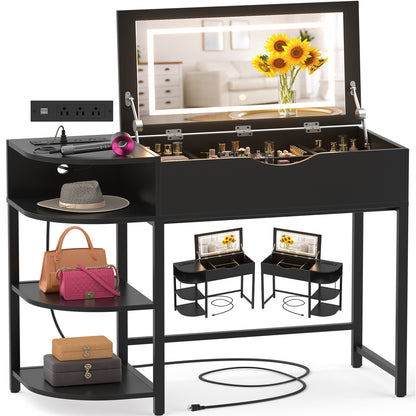 Flip-Top Makeup Dressing Table with mirror and Drawer, Small Vanity Desk with Charging Station