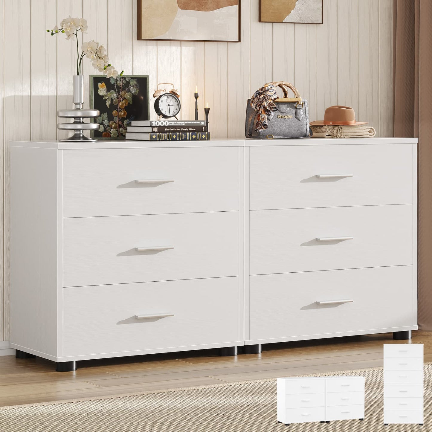 Set of 2 Wooden 6-Drawers Dressers with Storage, Closet Storage Cabinet and Nightstand