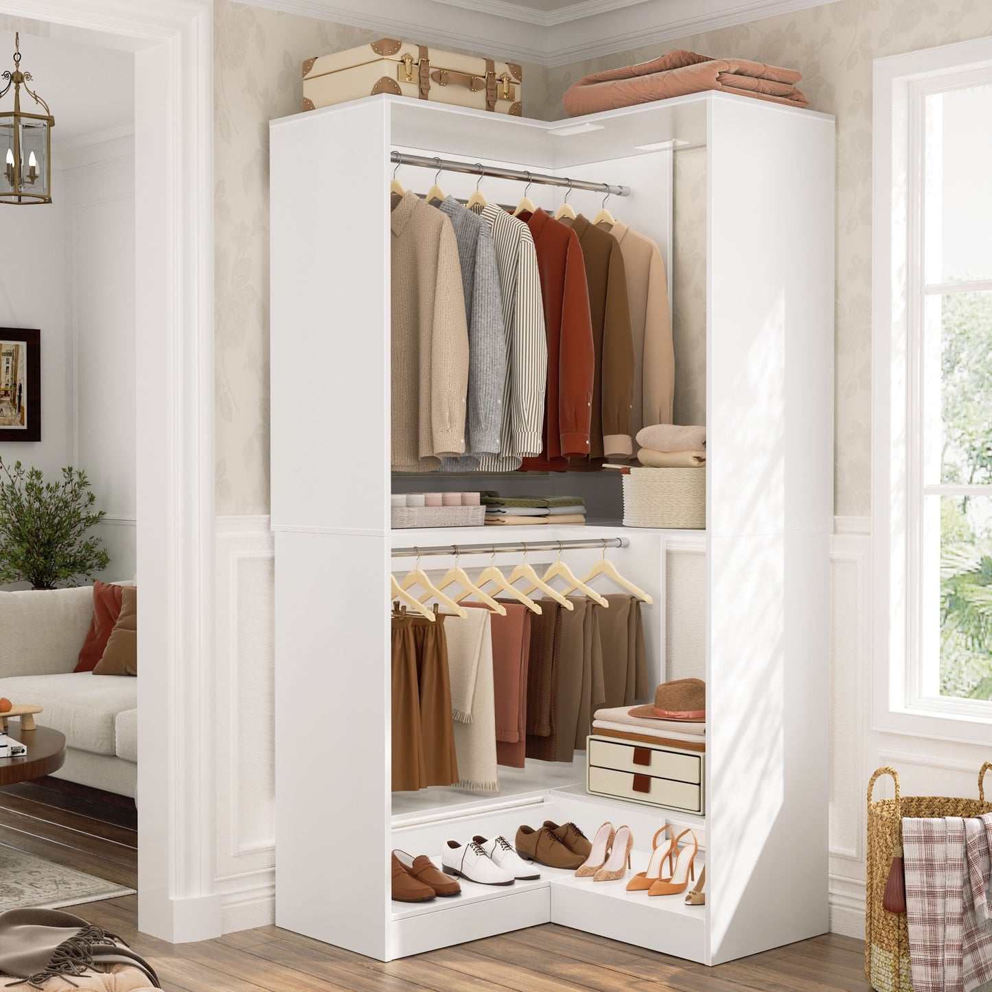 Freestanding Corner Closet System with 2 Hanging Rods and Shoes Shelf
