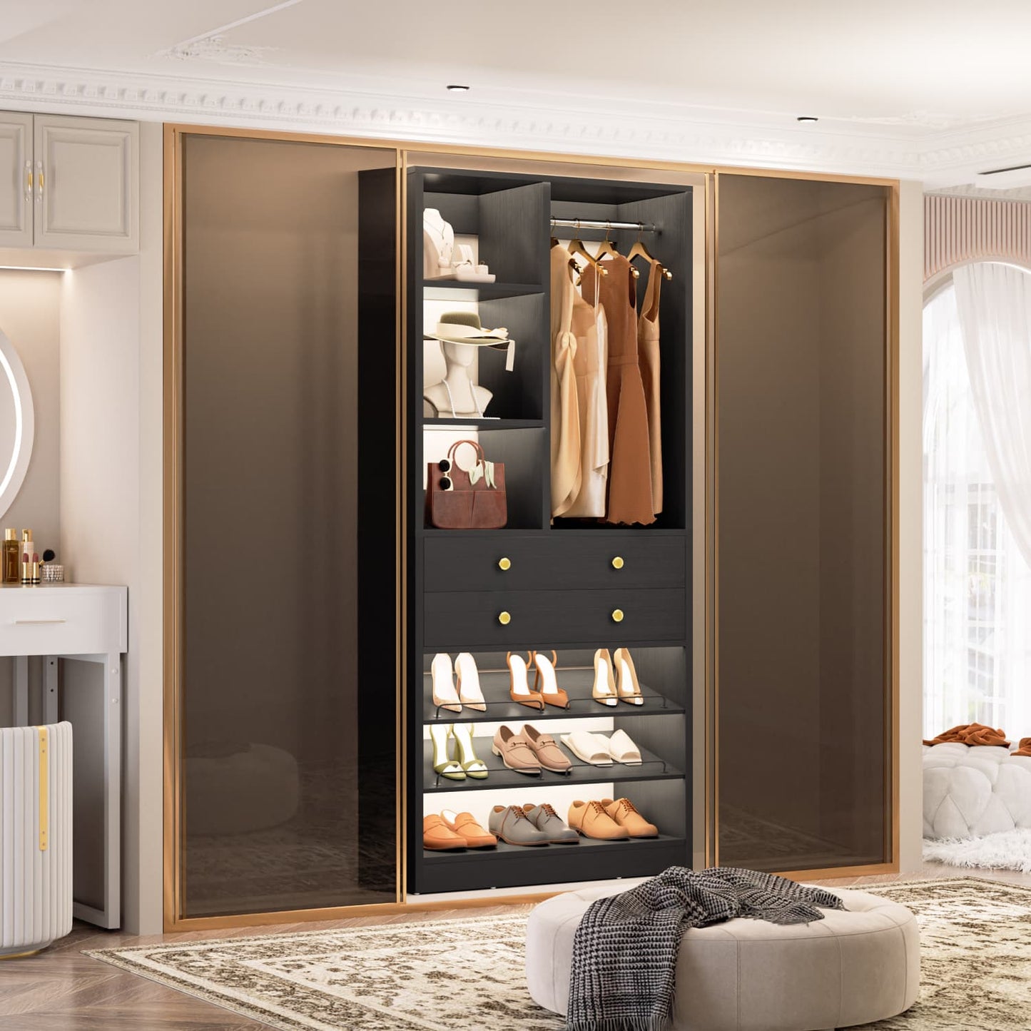 Closet Storage System with Adjustable Shoes Shelves, Closet Organizer with Drawer