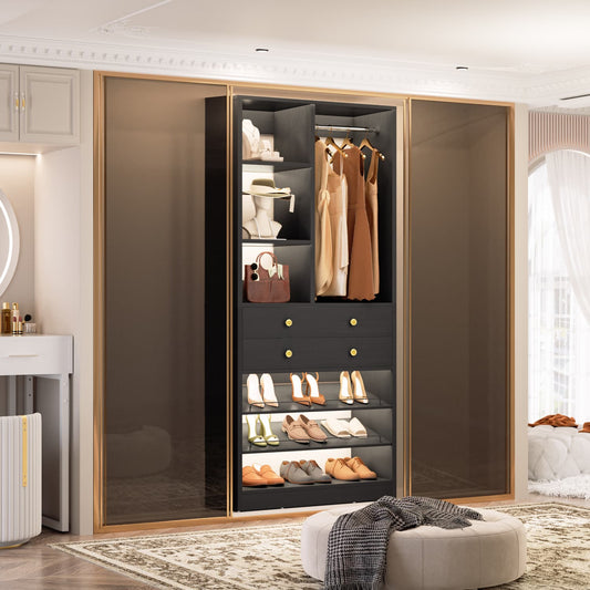 Closet Storage System with Adjustable Shoes Shelves, Closet Organizer with Drawer