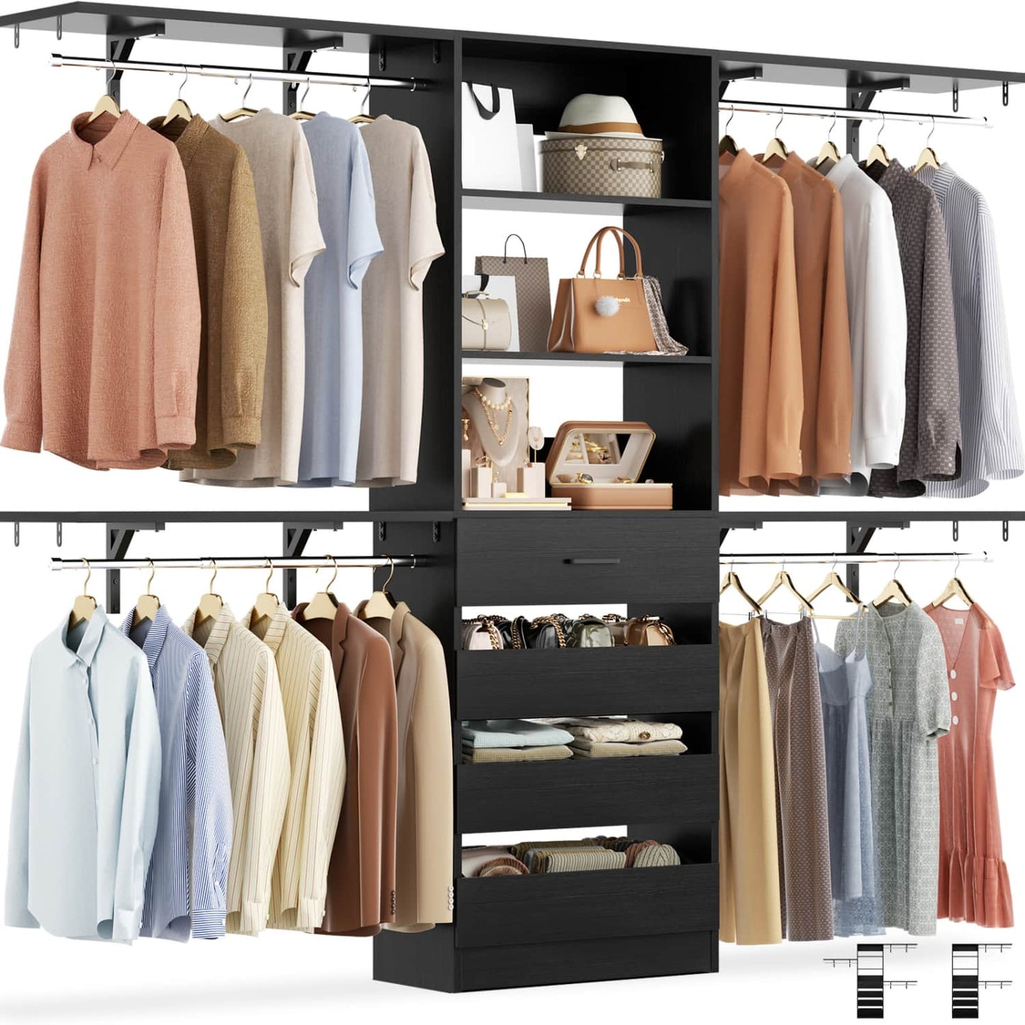8FT Closet Organizer System with 4 Wooden Drawers & Hanging Rods