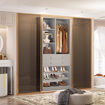 Closet Storage System with Adjustable Shoes Shelves, Closet Organizer with Drawer