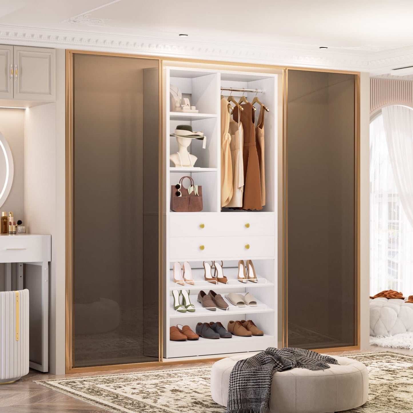 Closet Storage System with Adjustable Shoes Shelves, Closet Organizer with Drawer