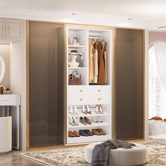 Closet Storage System with Adjustable Shoes Shelves, Closet Organizer with Drawer
