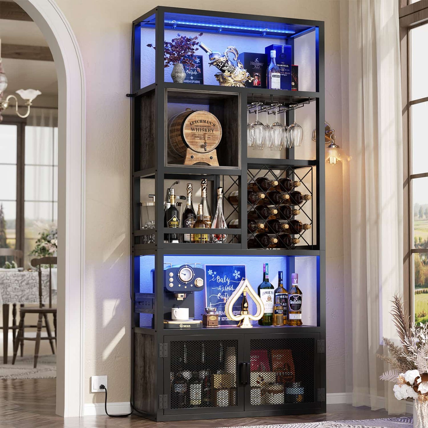 82.6" Tall Wine Bar Cabinet with LED Light and Outlets