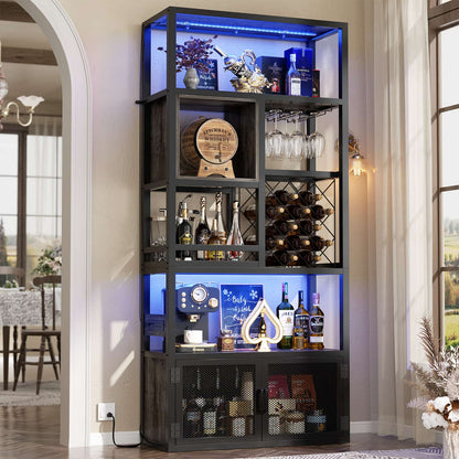 82.6" Tall Wine Bar Cabinet with LED Light and Outlets