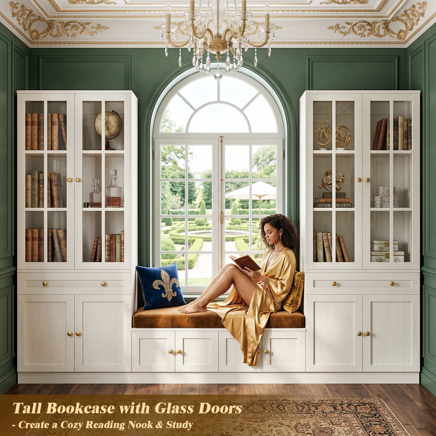 Besiost 80" H Bookcase with Mullion Glass Doors & Drawers