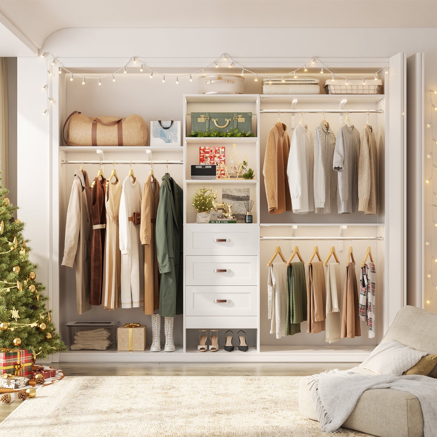 Closet Organizer System with Hanging Rods and Shelves, Wardrobe System with Drawers