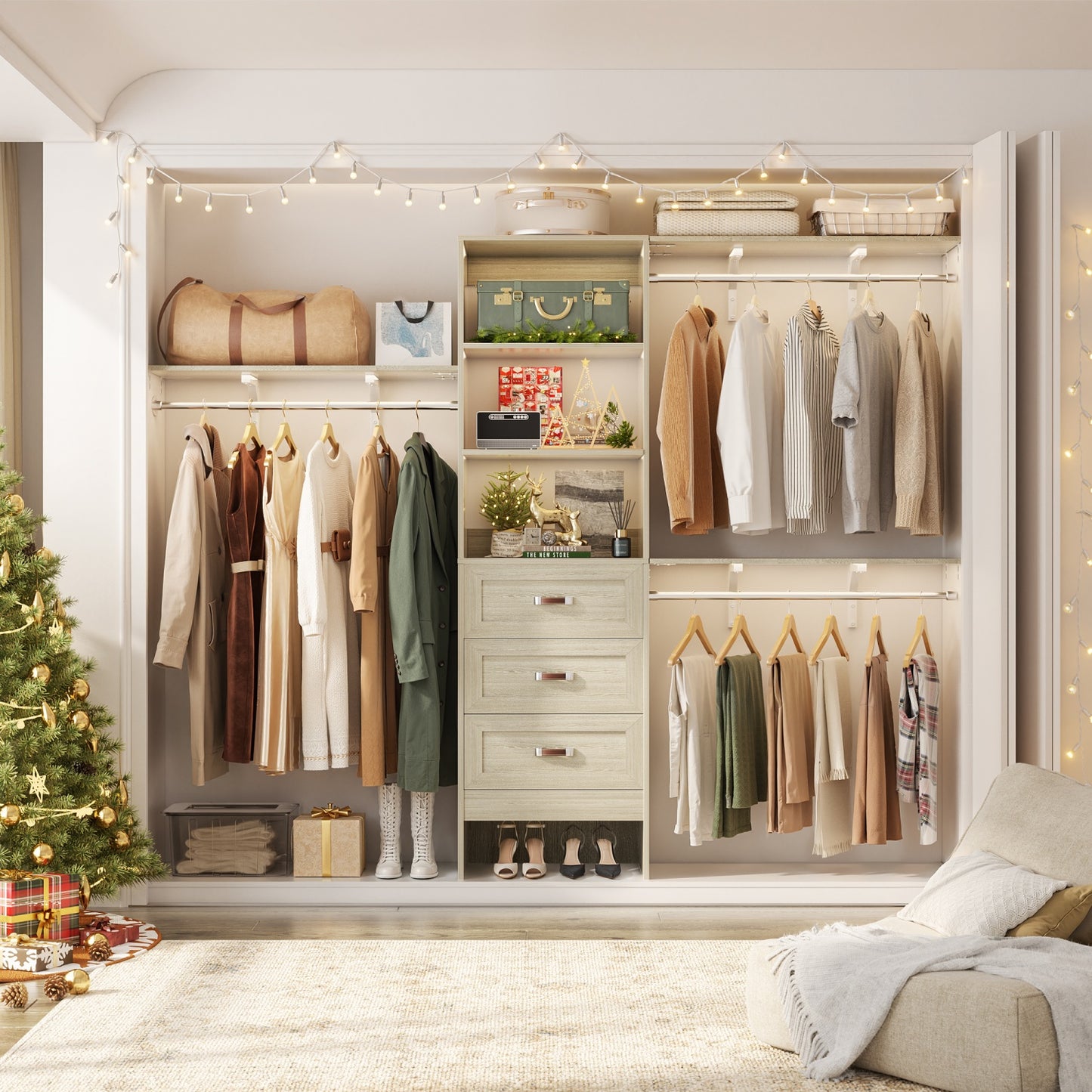 Closet Organizer System with Hanging Rods and Shelves, Wardrobe System with Drawers