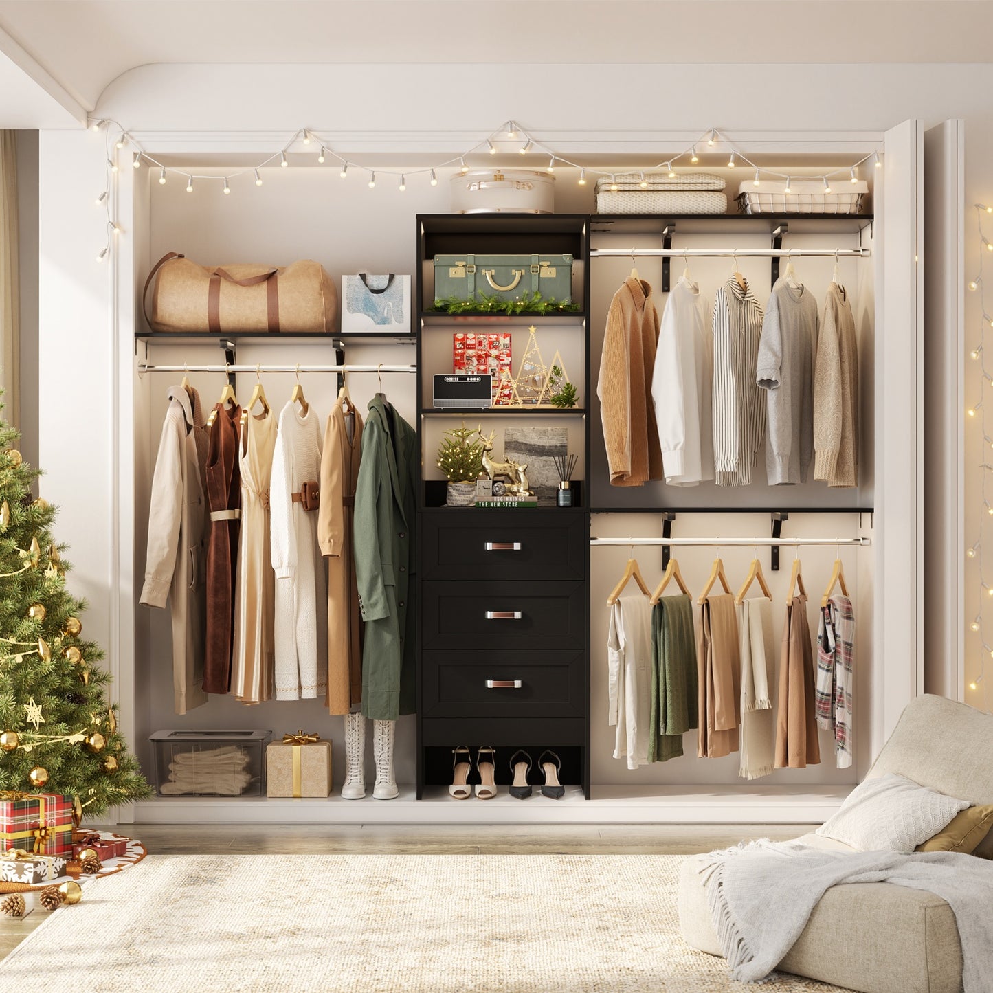 Closet Organizer System with Hanging Rods and Shelves, Wardrobe System with Drawers