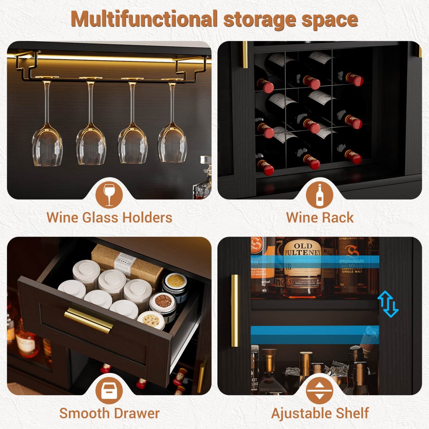 Wine Bar Buffet Table with Storage and Wine Rack, Coffee Bar Cabinet with Drawer