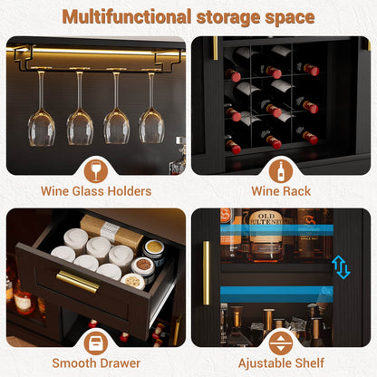 Wine Bar Buffet Table with Storage and Wine Rack, Coffee Bar Cabinet with Drawer