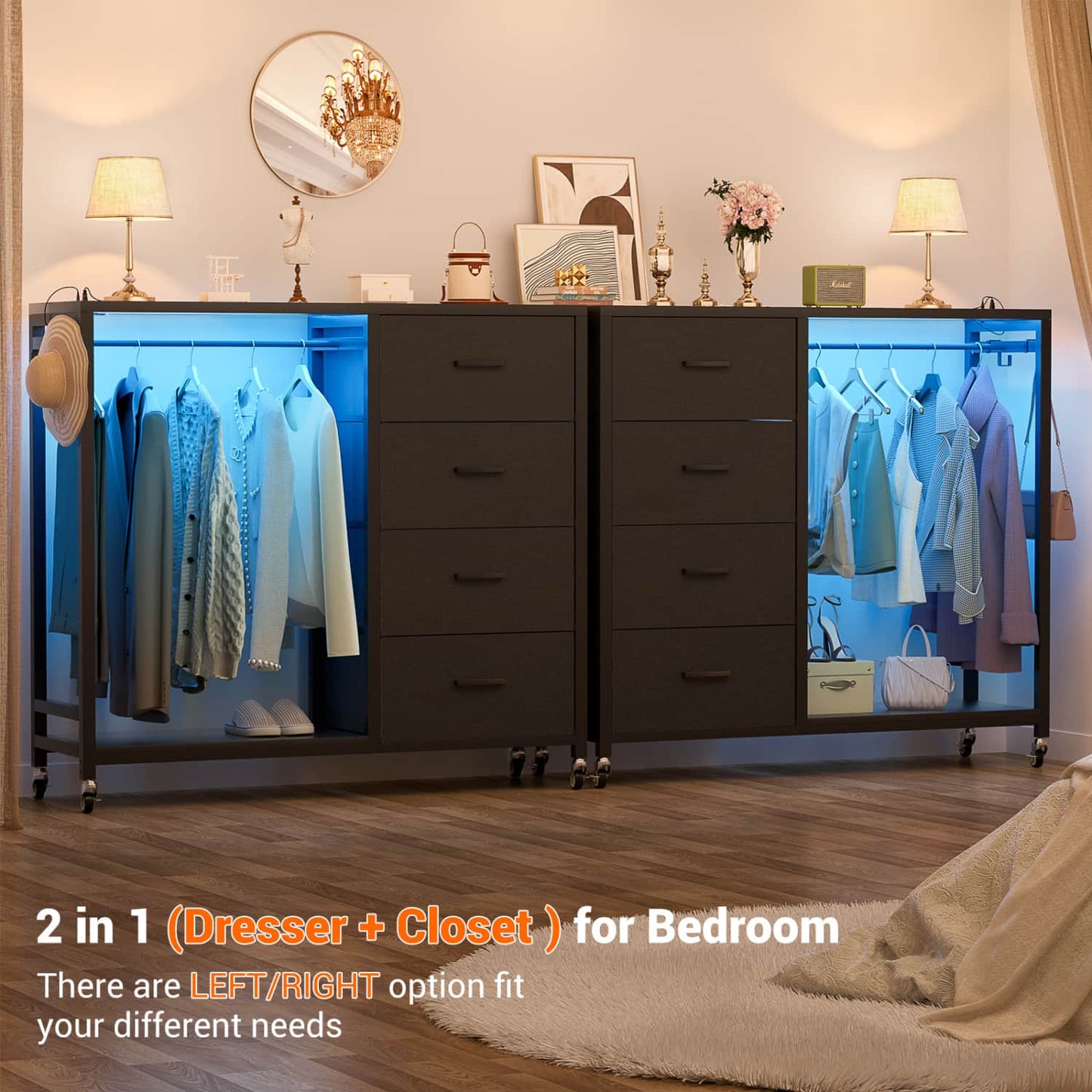 Dressers with Clothes Rack, Charging Station and Led Light, 4 Drawers Dresser for Bedroom