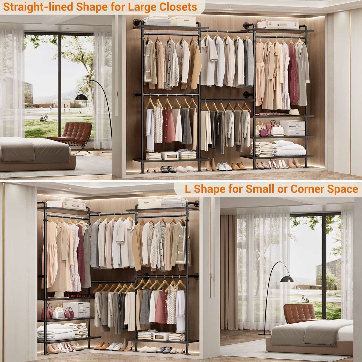Garment Rack with Wood Shelves, Closet system Storage Rack