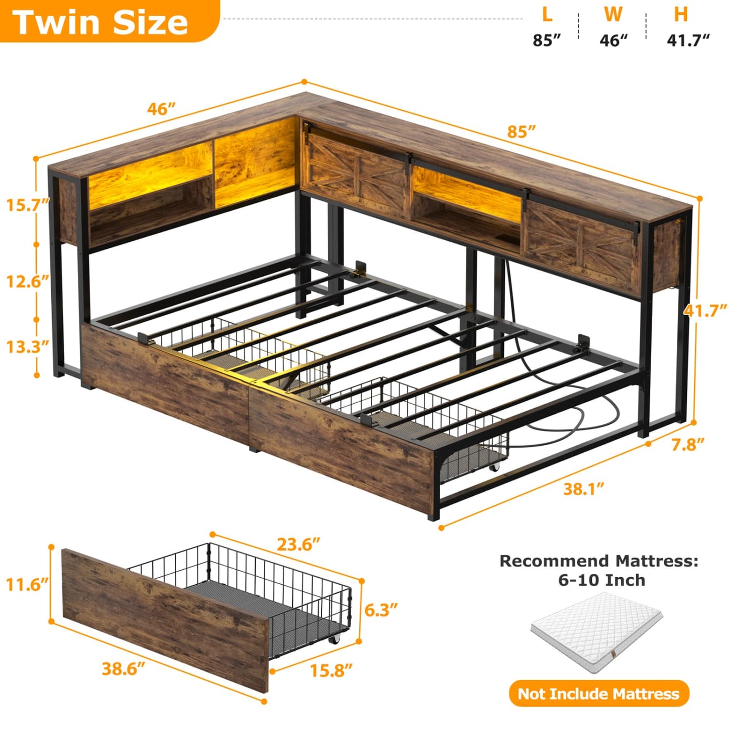 Bookcase Daybed with Wood Drawer, Corner Bed Frame with Sliding Door