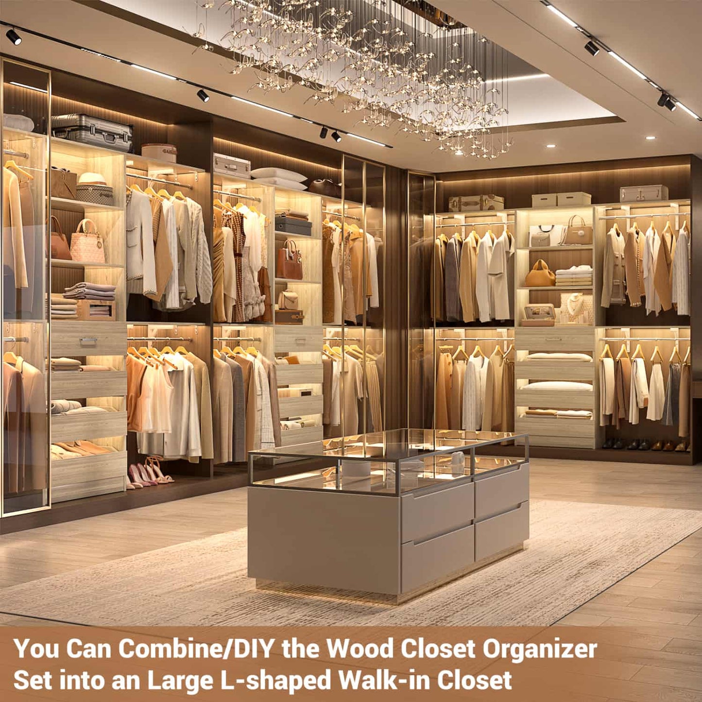 8FT Closet Organizer System with 4 Wooden Drawers & Hanging Rods