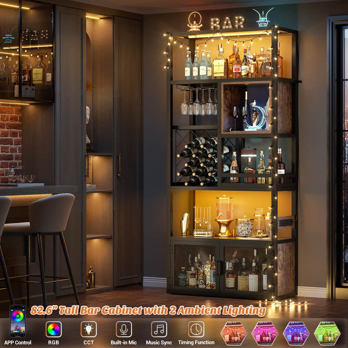82.6" Tall Wine Bar Cabinet with LED Light and Outlets