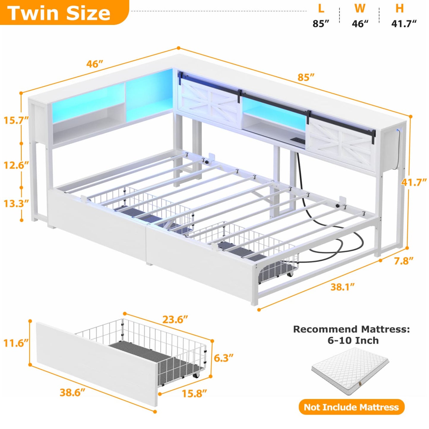 Bookcase Daybed with Wood Drawer, Corner Bed Frame with Sliding Door