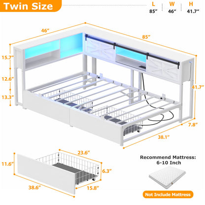 Bookcase Daybed with Wood Drawer, Corner Bed Frame with Sliding Door
