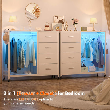 Dressers with Clothes Rack, Charging Station and Led Light, 4 Drawers Dresser for Bedroom