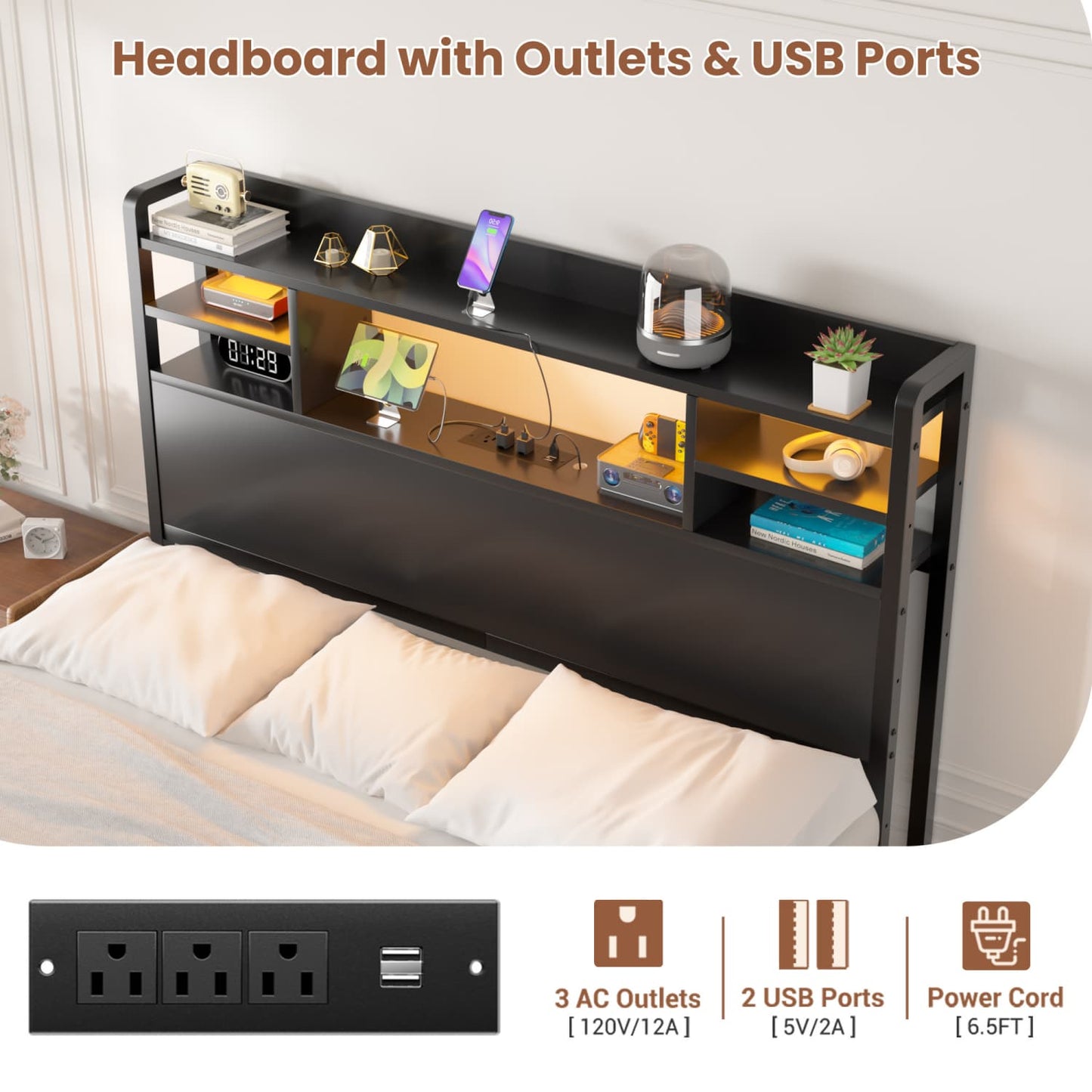 Twin Headboard with Storage shelves and Charging Station, Wood Headboard with LED Light