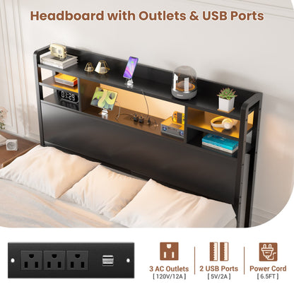 Twin Headboard with Storage shelves and Charging Station, Wood Headboard with LED Light