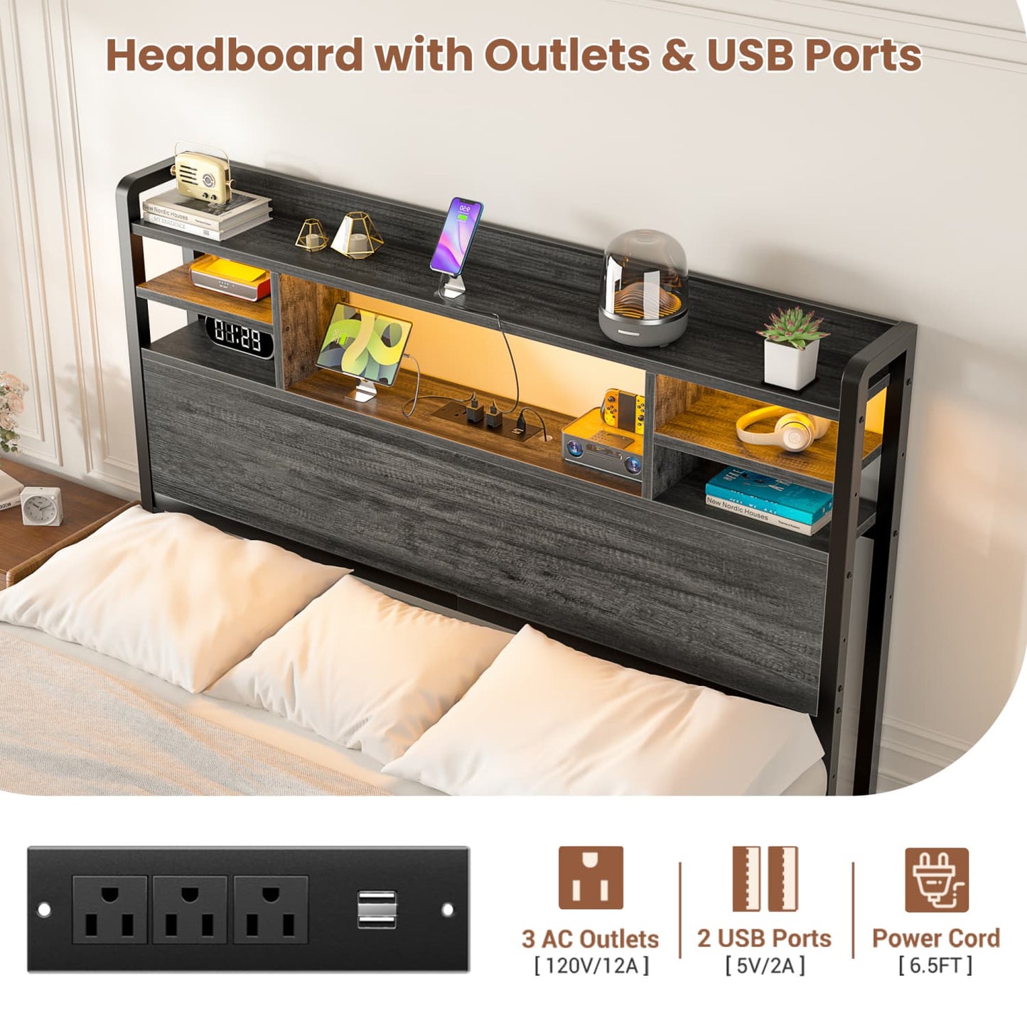 Twin Headboard with Storage shelves and Charging Station, Wood Headboard with LED Light