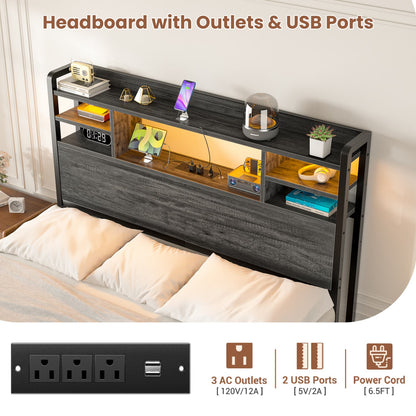 Twin Headboard with Storage shelves and Charging Station, Wood Headboard with LED Light