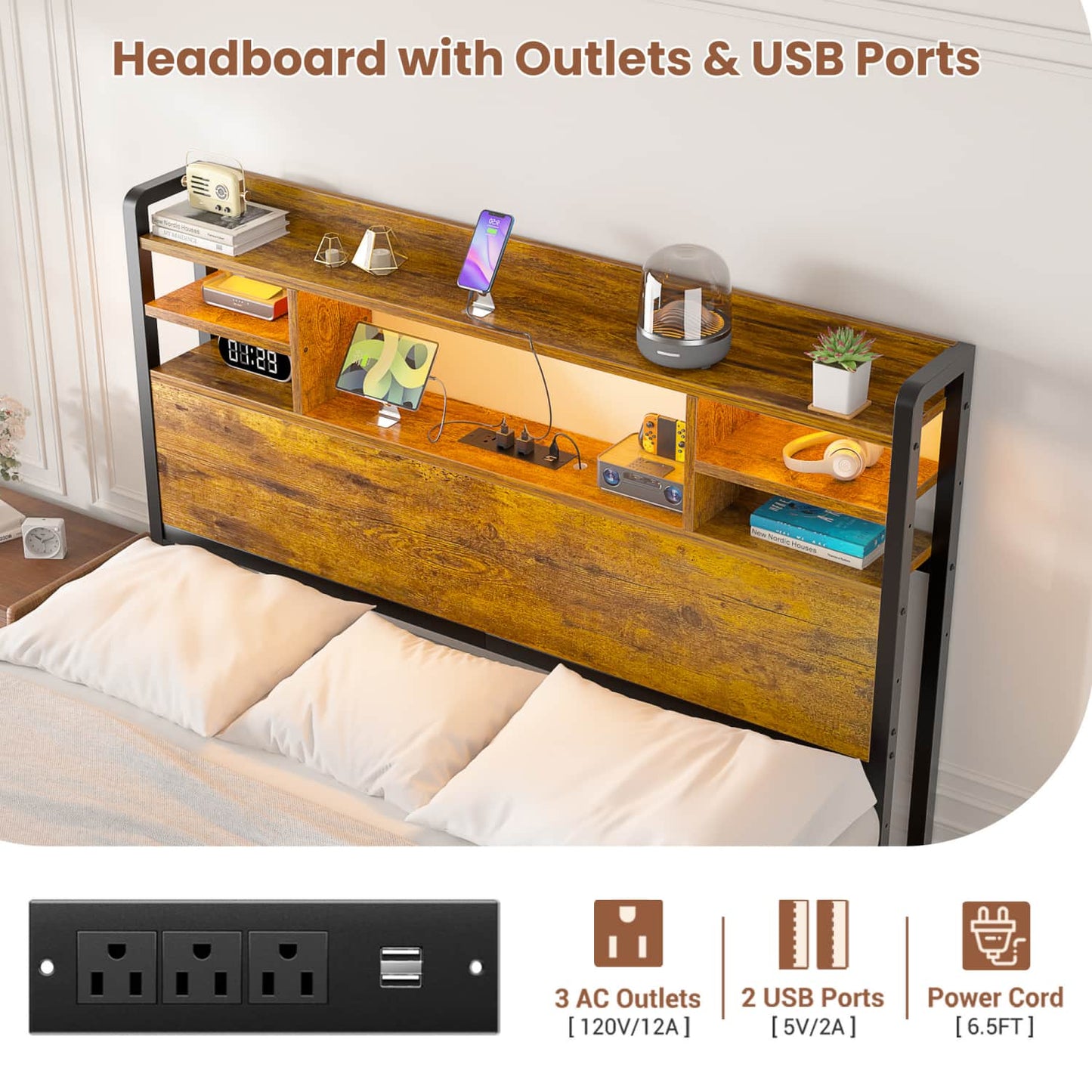 Twin Headboard with Storage shelves and Charging Station, Wood Headboard with LED Light
