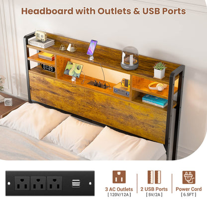 Twin Headboard with Storage shelves and Charging Station, Wood Headboard with LED Light