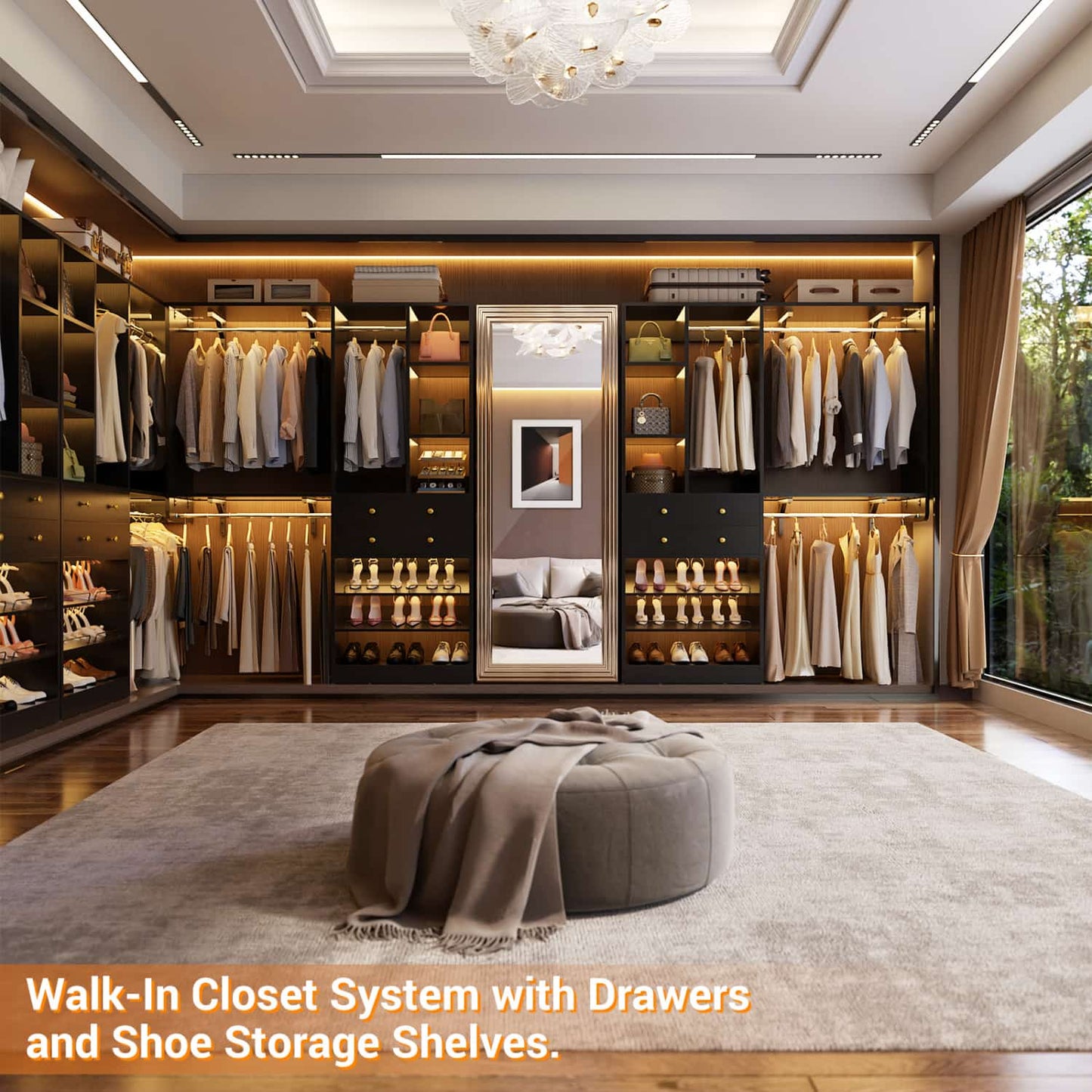 Closet System with Wooden Drawers and Two Hanging Rods